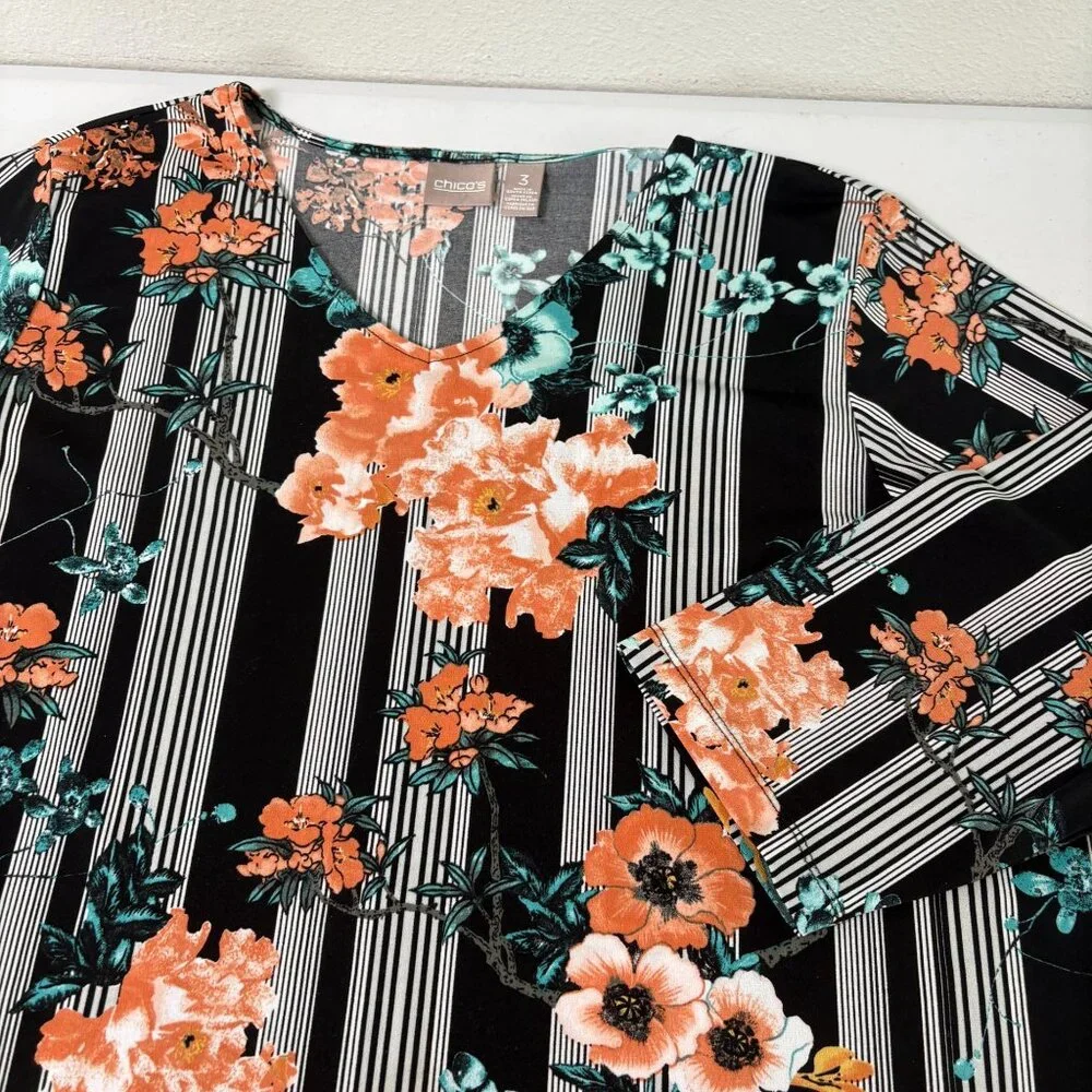 Chicos Top Womens 3 US XL Orange Blue Floral Striped 3/4 Sleeve V Neck Blouse